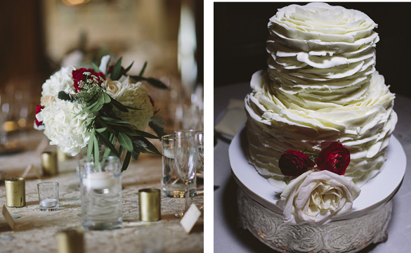 white wedding cake and floral centerpiece