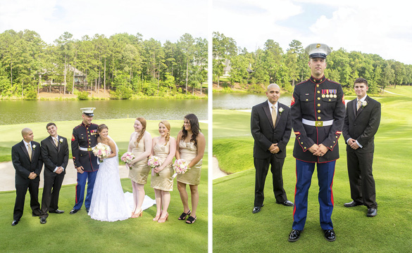 Bridesmaids in gold dresses and groomsmen in gold ties and black suits