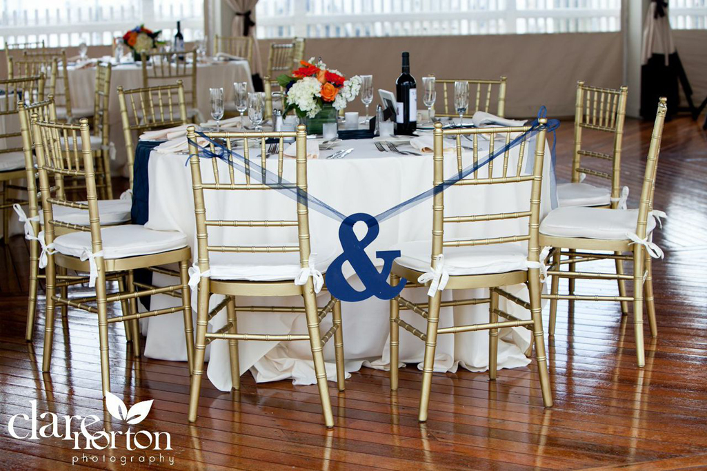 Bride and Groom wedding reception chairs & wedding ampersand