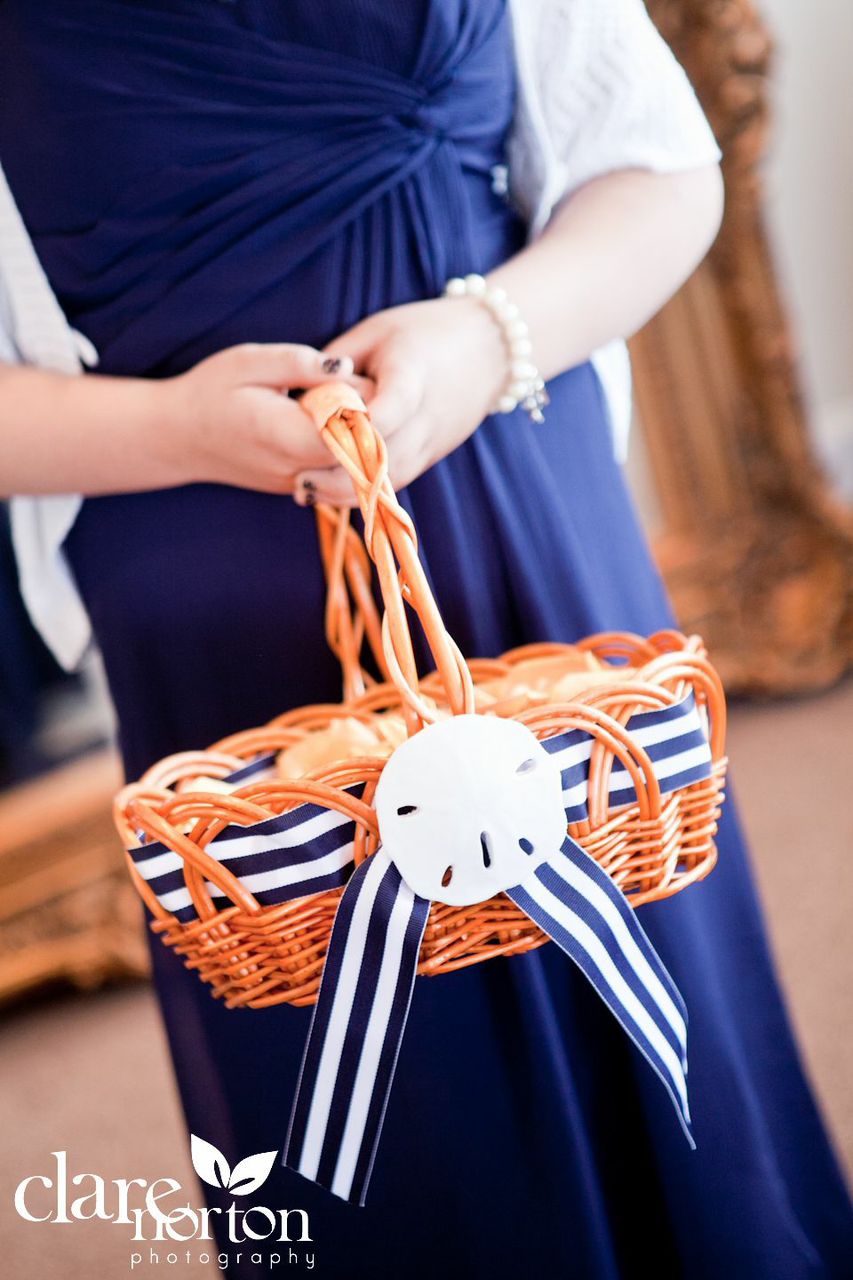 Flower girl basket with blue and white stripe ribbon