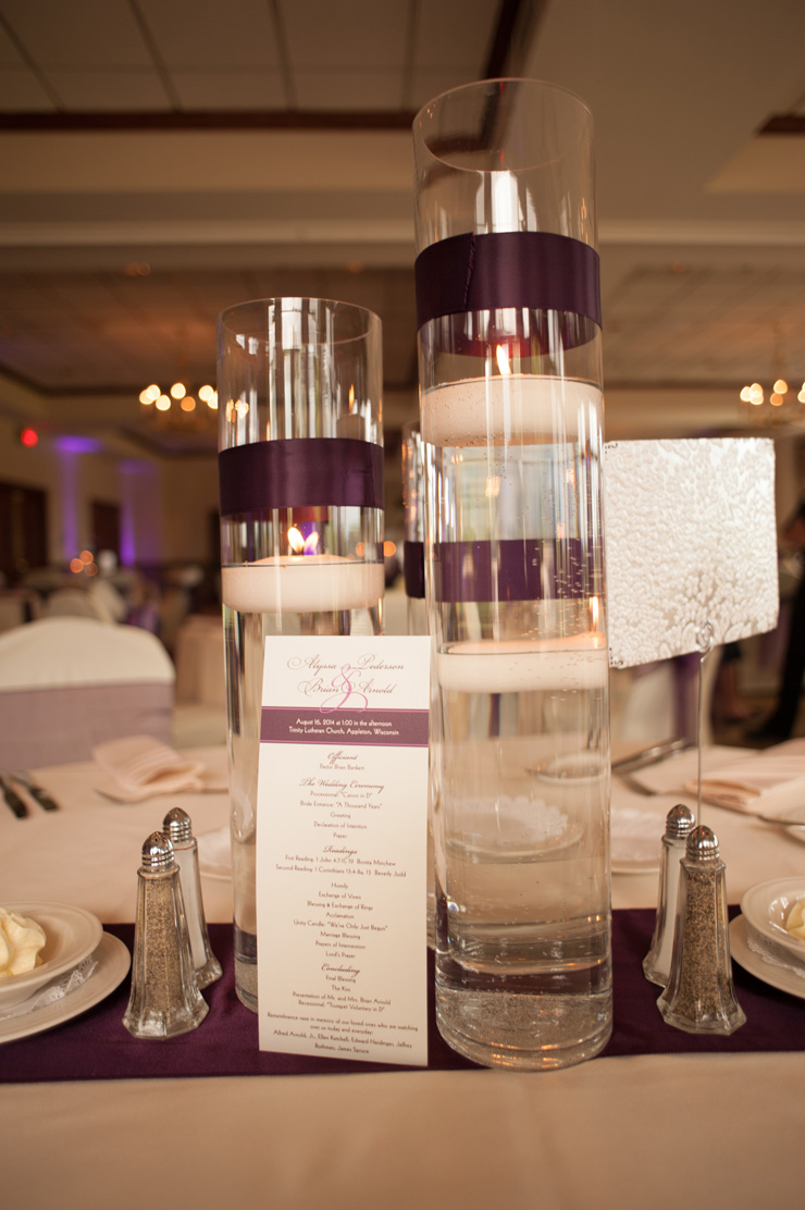 purple wedding program and reception decor