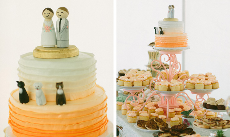 orange and white ombre wedding cake and dessert buffet