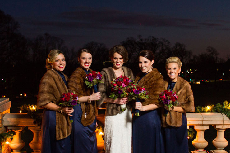 Bridesmaids in fur stoles for winter wedding