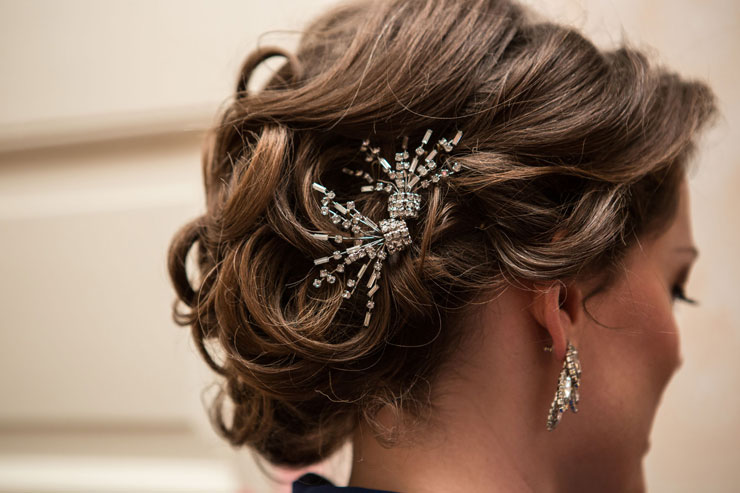 Winter wedding hair and crystal hairpiece