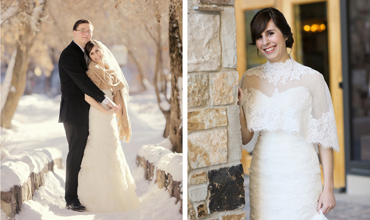 Winter bride in tan wrap and lace capelet