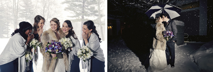 Winter bride in fur coat and bridesmaids in wraps