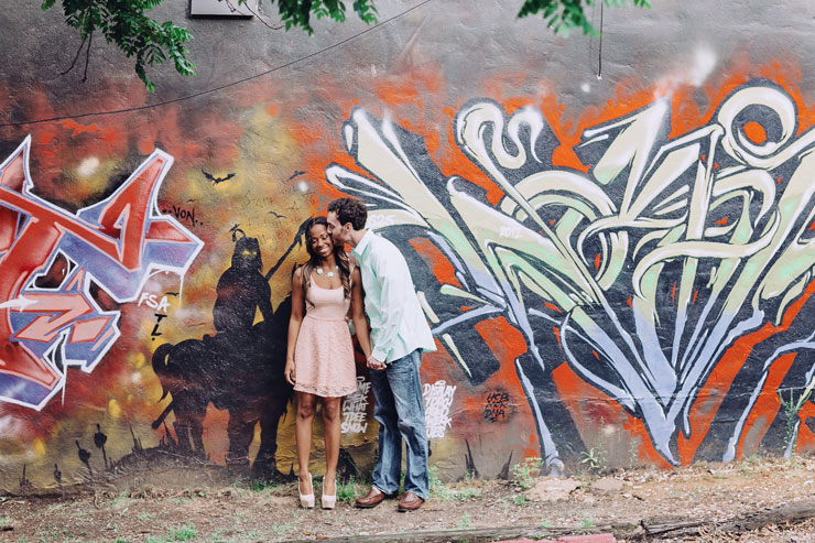 Atlanta GA engagement photo in front of graffiti