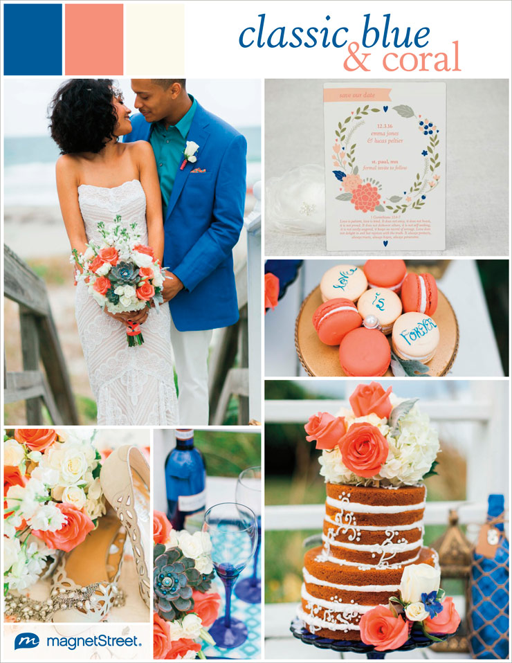 Classic blue and coral wedding inspiration with free Save the Date Magnet wedding sample